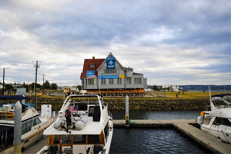 The Weyerhaeuser Building was moved over land from the Marina Village to Boxcar Park in 2016.