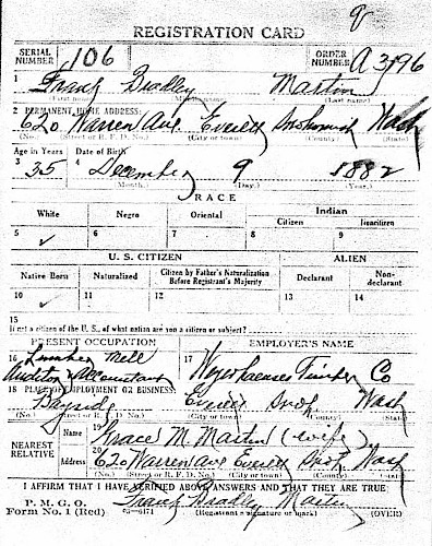 Frank Martin’s draft registration card for World War I. (Photo courtesy of Ancestry.com)